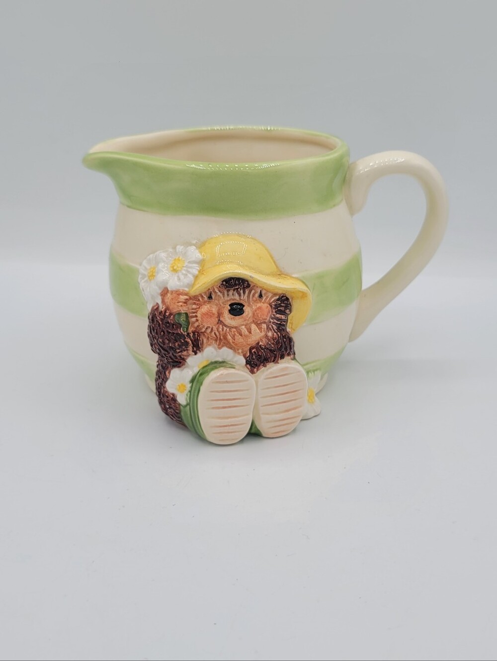 Country Companions Hedgehog Creamer Milk Jug Green Stripe Daisy Ceramic Pitcher